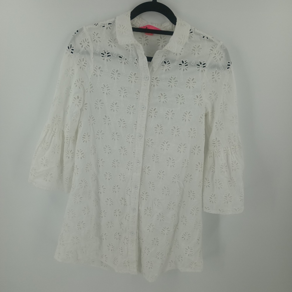 Lilly Pulitzer White Gala Cover UpPalm Tree Eyelet Bell Sleeve Shirt XS